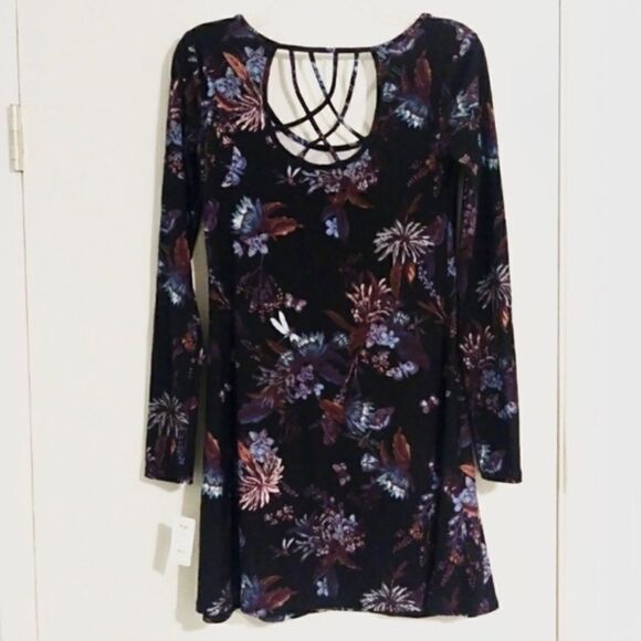 Mudd Black Floral Strappy Back Long Sleeve Dress - Picture 3 of 7